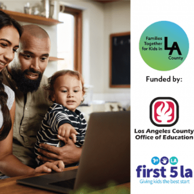 A mother, father and baby are looking at a laptop screen. On side of the image is a promotion from First 5 LA asking families how COVID-19 has affected them.